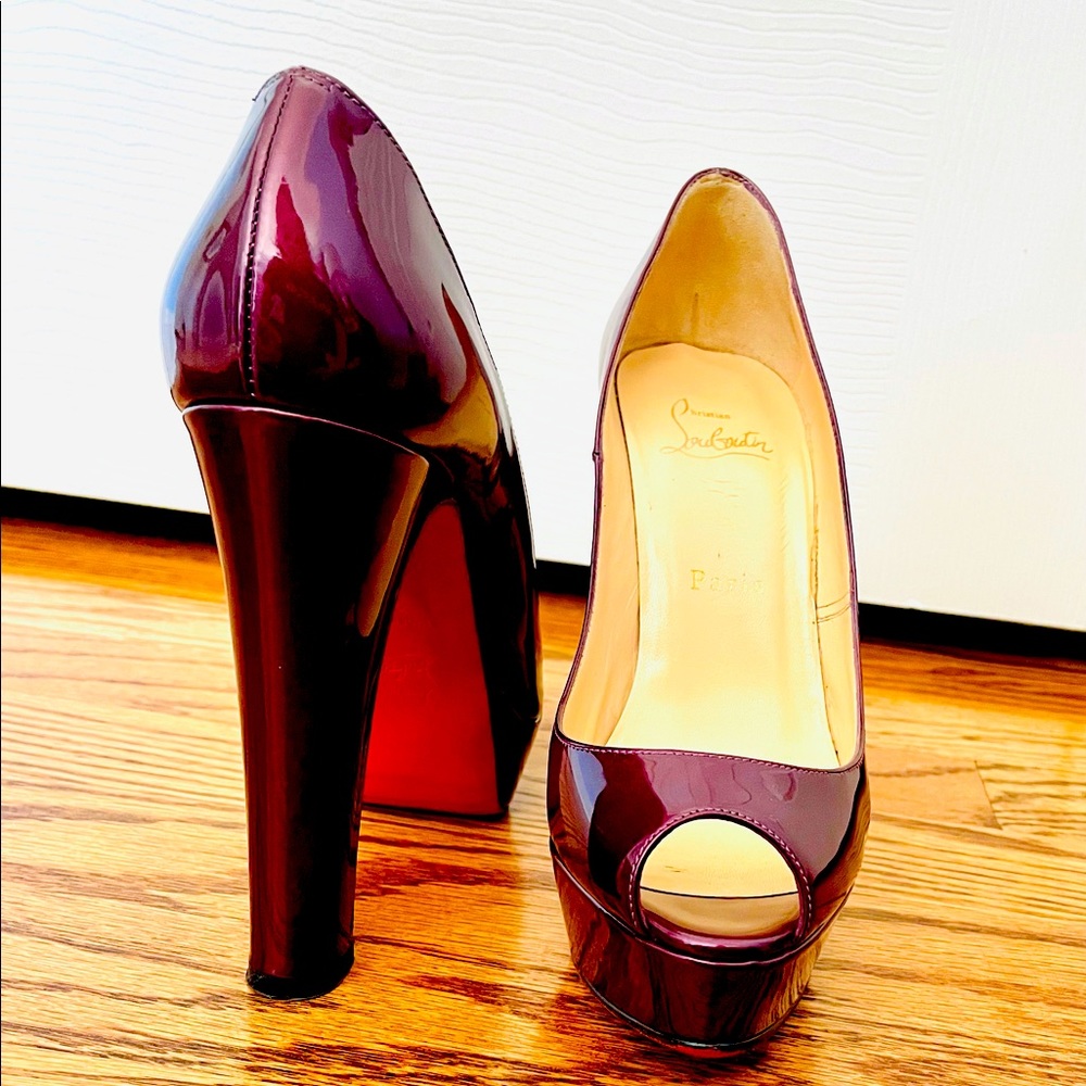 Christian Louboutin Burgundy Patent Platform Peep-Toe Heels